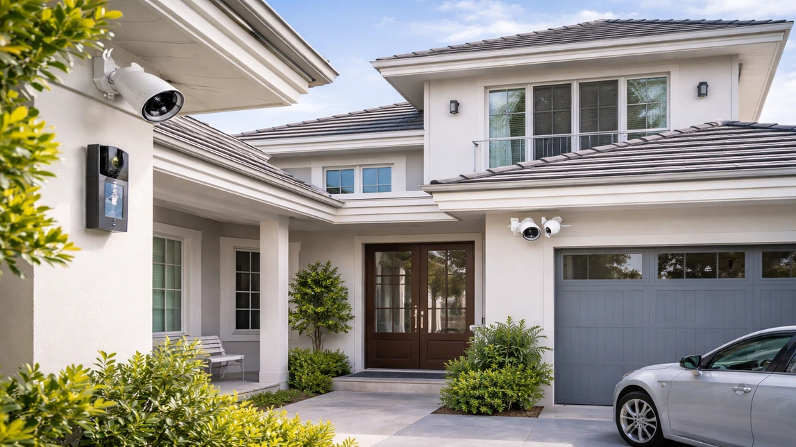 Clean Security Camera Installation On Luxury Home Exterior Clean Security Camera Installation On Luxury Home Exterior