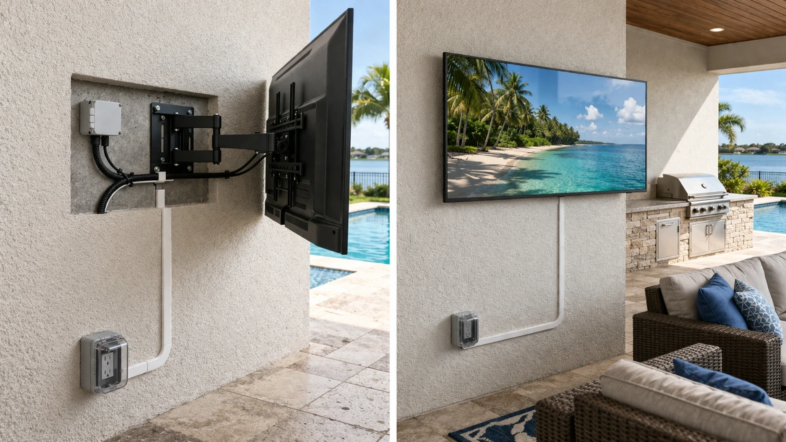Outdoor Tv Mounting Cable Routing And Clean Wall Finish