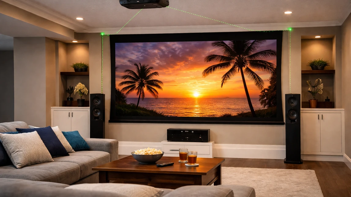 Projector Screen Placement With Projector And Speakers